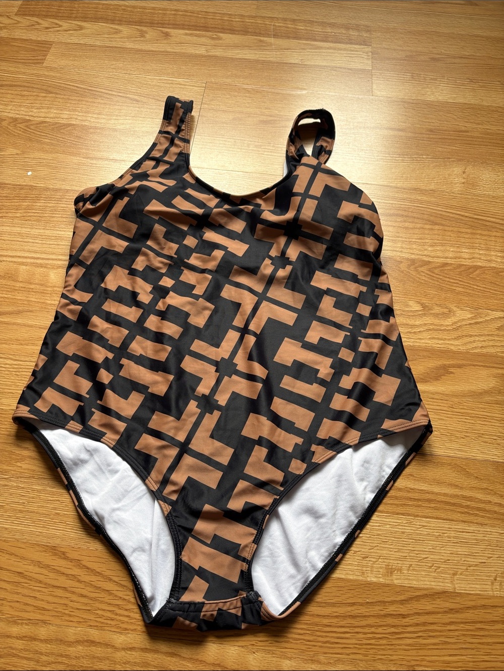 Geometric Print One-Piece Swimsuit in Brown and Black